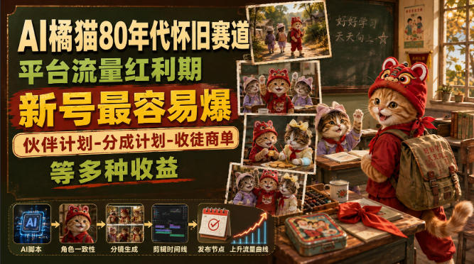 AI橘猫80年代怀旧赛道，平台流量红利期，新号最容易爆，伙伴计划-分成计划-收徒商单等多种收益-聊项目