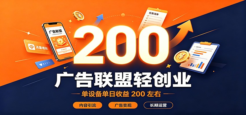 广告联盟轻创业，单设备单日收益200左右，内容引流广告变现长期运营-聊项目