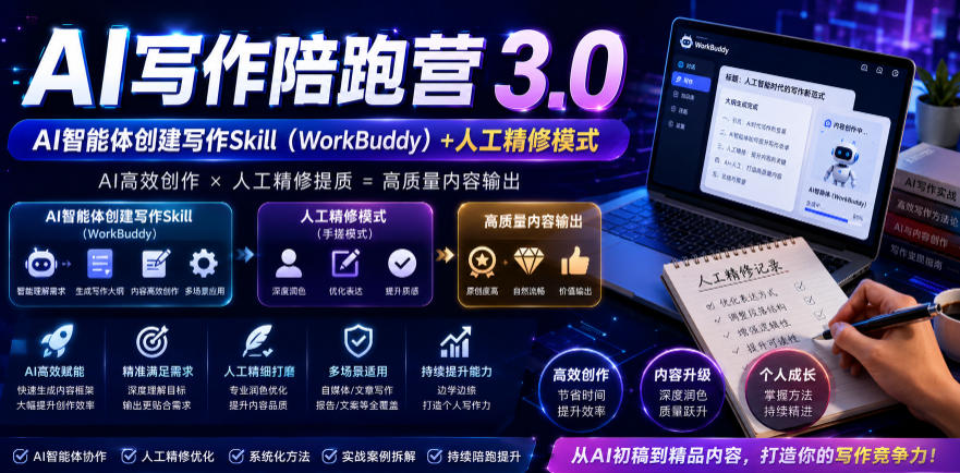 AI写作陪跑营3.0，Ai智能体创建写作skill(workbuddy)+人工手写模式(手搓模式)，去除AI痕迹(头条号、公众号、百家号)(更新0814)-聊项目