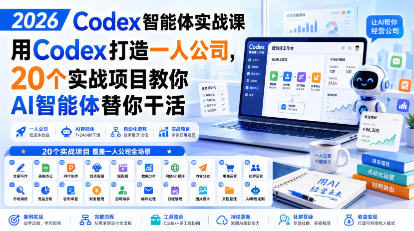 2026 Codex智能体实战课，用Codex打造一人公司，20个实战项目教你AI智能体替你干活-聊项目