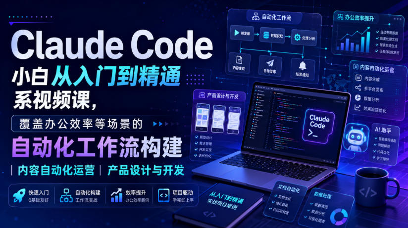 Claude Code小白从入门到精通系视频课，覆盖办公效率等场景的自动化工作流构建|内容自动化运营|产品设计与开发-聊项目