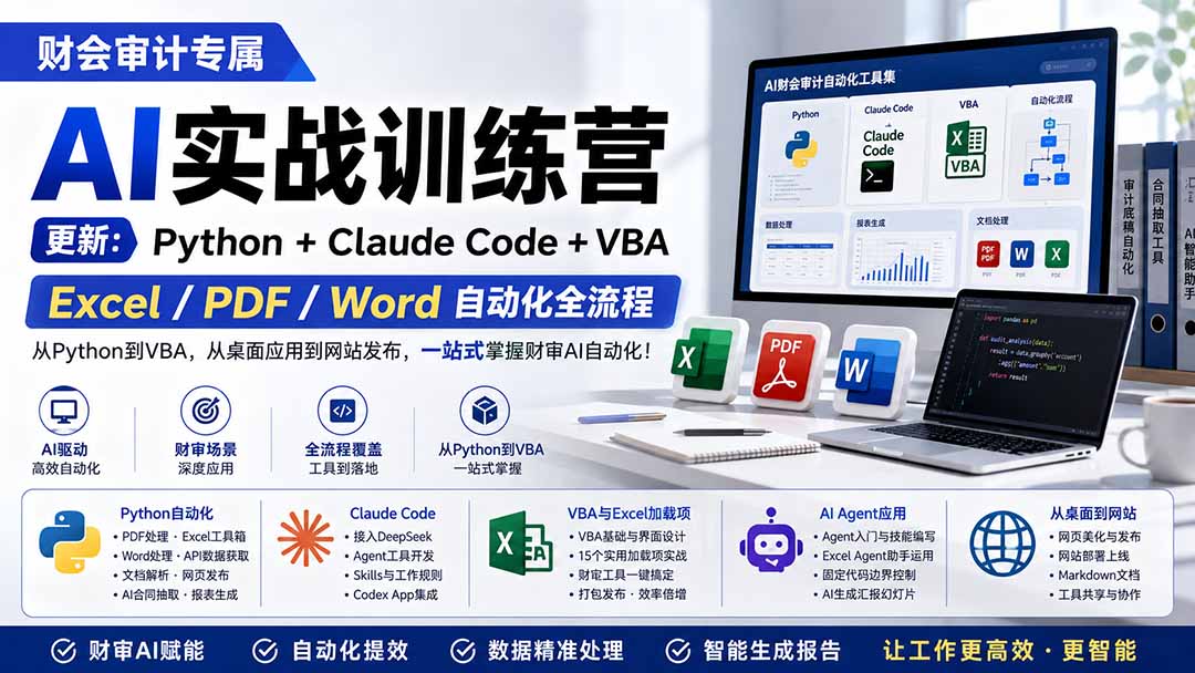 财会审计专属 AI实战训练营：Python+Claude Code+VBA，Excel/PDF/Word自动化全流程 (更新-聊项目