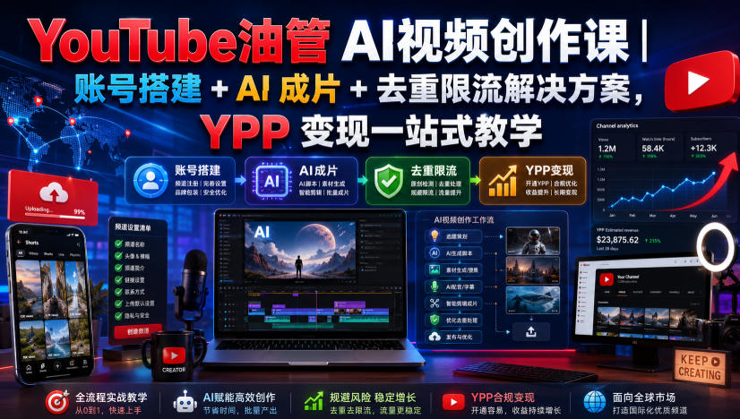 YouTube油管AI视频创作课｜账号搭建+AI成片+去重限流解决方案，YPP变现一站式教学(更新0817)-聊项目