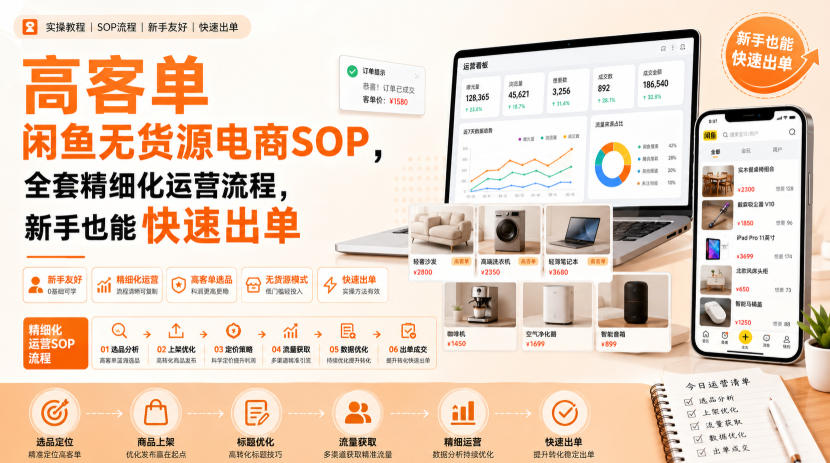 高客单闲鱼无货源电商SOP，全套精细化运营流程，新手也能快速出单-聊项目