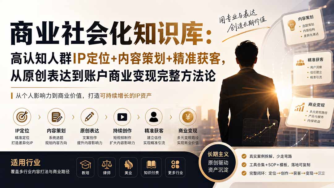 商业社会化知识库：高认知人群IP定位+内容策划+精准获客，从原创表达到账户商业变现完整方法论-聊项目