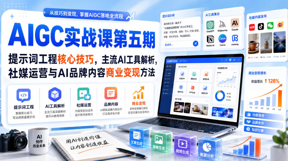 刺猬星球·AIGC实战课第五期,提示词工程核心技巧,主流AI工具解析,社媒运营与AI品牌内容商业变现方法-聊项目