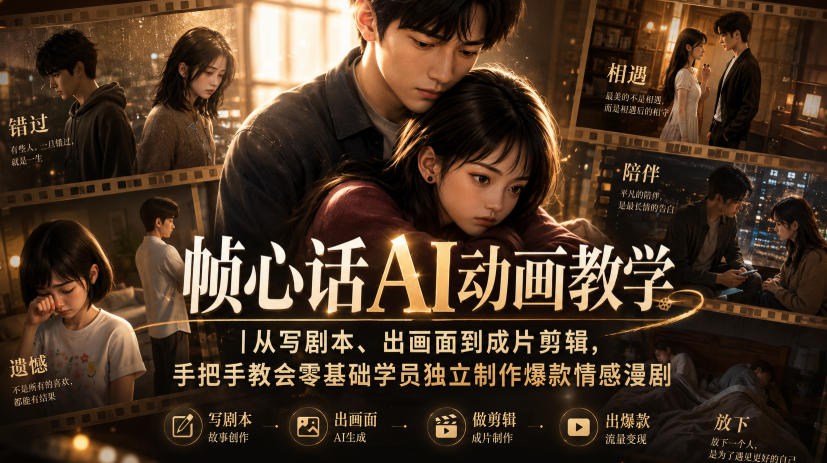 帧心话AI动画教学|从写剧本、出画面到成片剪辑,手把手教会零基础学员独立制作爆款情感漫剧-聊项目