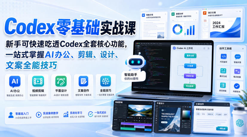 Codex零基础实战课，新手可快速吃透Codex全套核心功能，一站式掌握AI办公、剪辑、设计、文案全能技巧-聊项目
