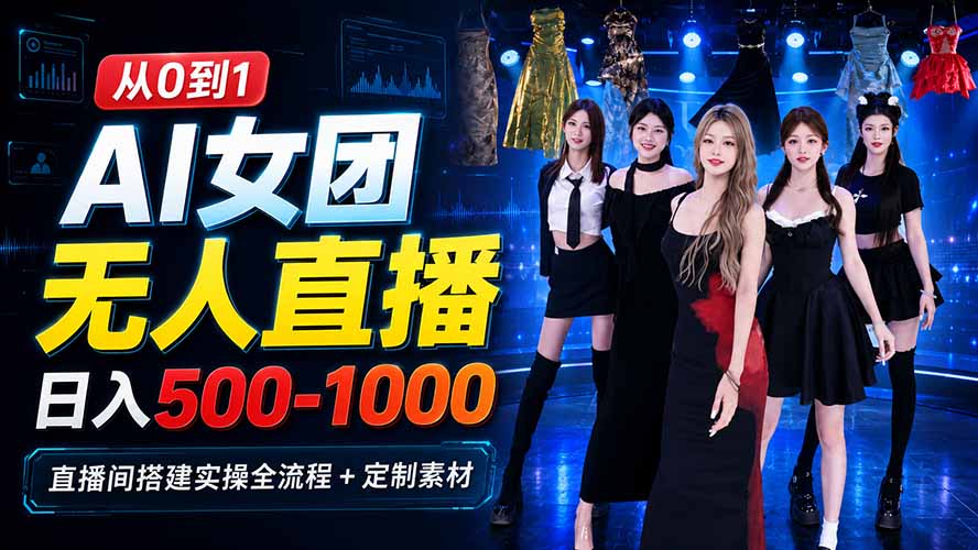 AI 女团无人直播，躺入500-1000每天，直播间搭建实操全流程+定制素材-聊项目