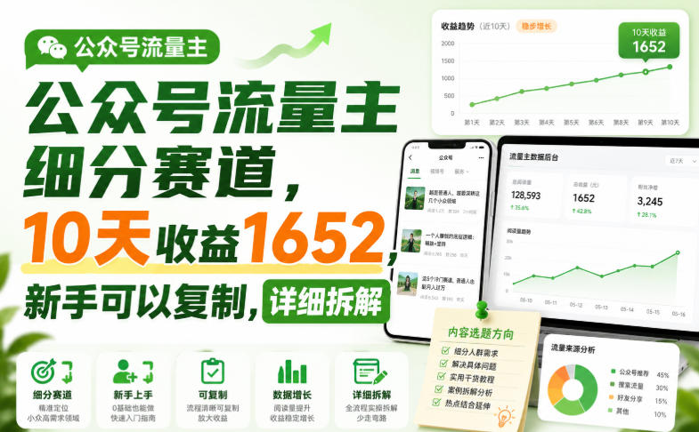 公众号流量主细分赛道,10天收益1652,新手可以复制,详细拆解-聊项目