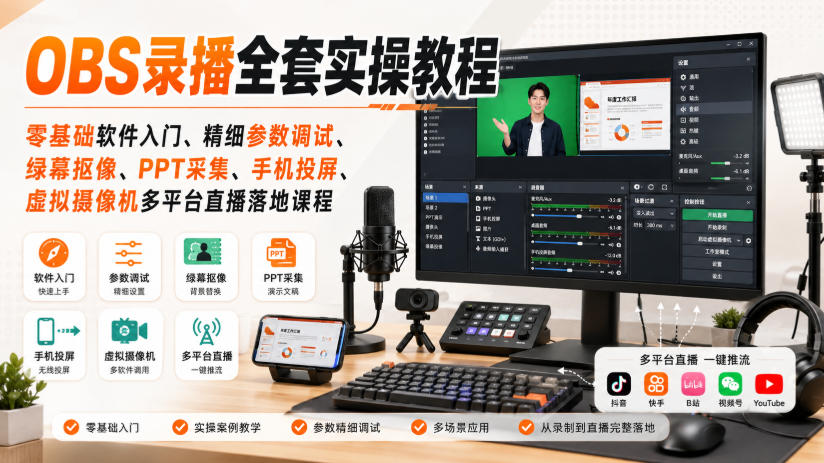 OBS录播全套实操教程｜零基础软件入门、精细参数调试、绿幕抠像、手机投屏、虚拟摄像机多平台直播落地课程-聊项目
