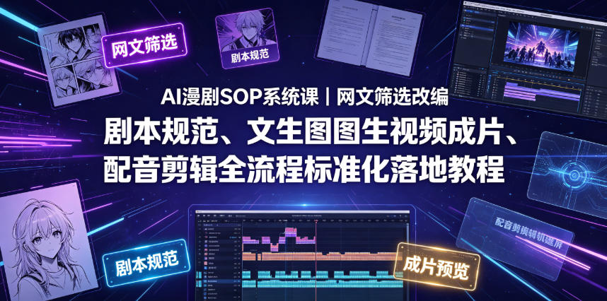 AI漫剧SOP系统课｜网文筛选改编、剧本规范、文生图图生视频成片、配音剪辑全流程标准化落地教程(更新0826)-聊项目
