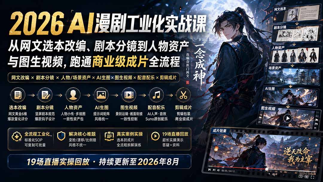 2026 AI漫剧工业化实战课-更新:从网文选本改编、剧本分镜到人物资产与图生视频,跑通商业级成片全流程-聊项目