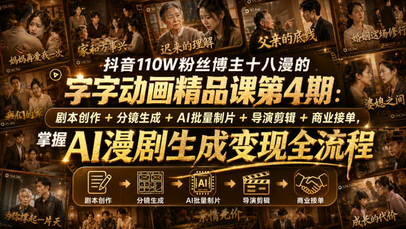 抖音110W粉丝博主十八漫的字字动画精品课第4期:剧本创作+分镜生成+剪辑+商业接单,掌握AI漫剧生成变现全流程-聊项目