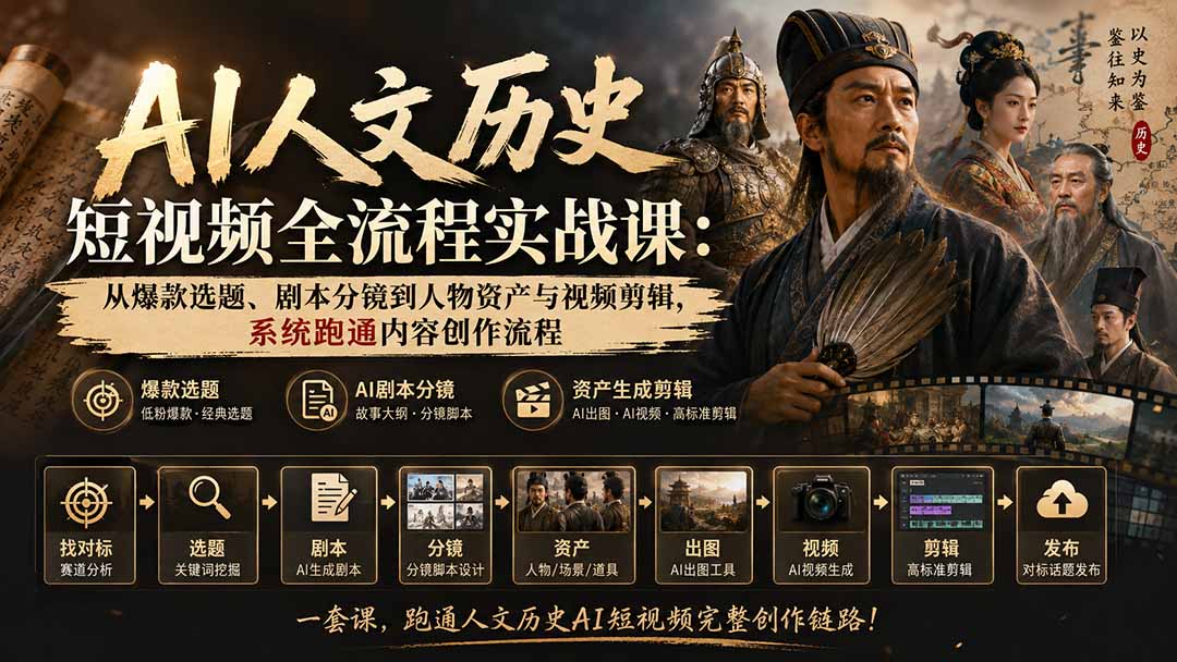 AI人文历史短视频全流程实战课:从爆款选题、剧本分镜到人物资产与视频剪辑,系统跑通内容创作流程-聊项目
