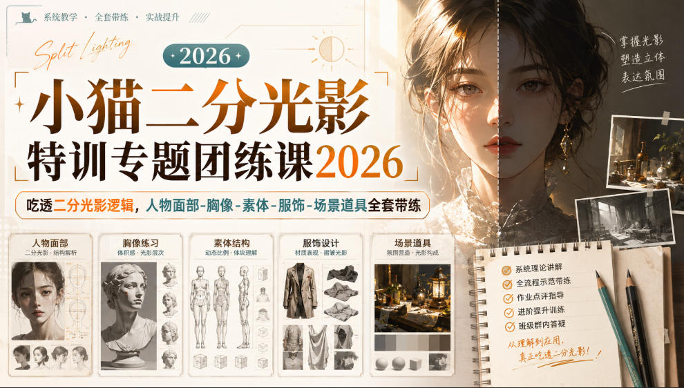 小猫二分光影特训专题团练课2026｜吃透二分光影逻辑，人物面部‑胸像‑素体‑服饰‑场景道具全套带练，高清画质附赠课件与笔刷-聊项目