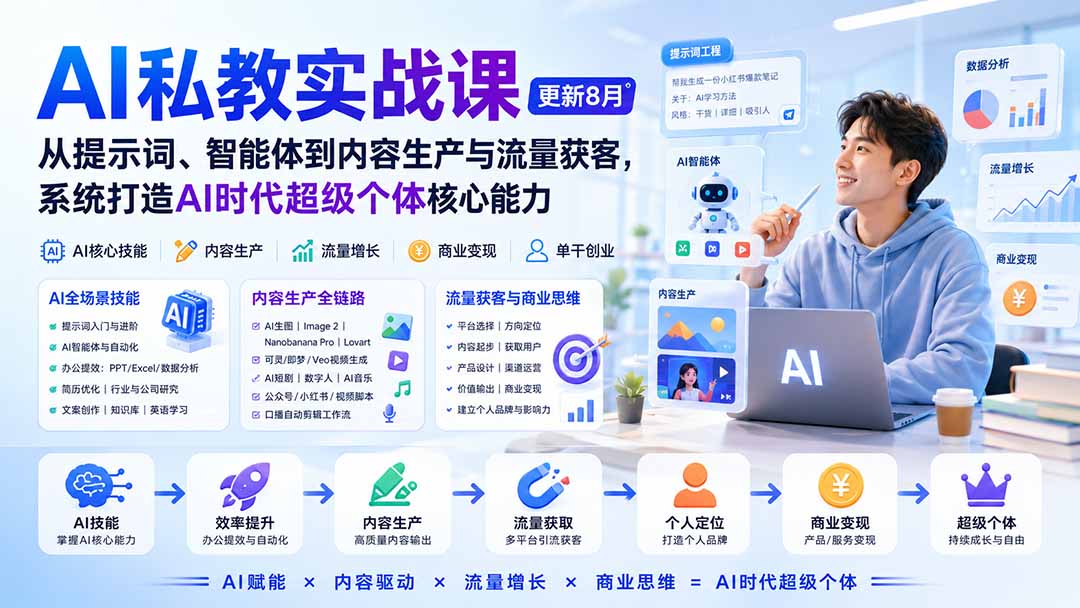 AI私教实战课-更新8月:从提示词、智能体到内容生产与流量获客,系统打造AI时代超级个体核心能力-聊项目