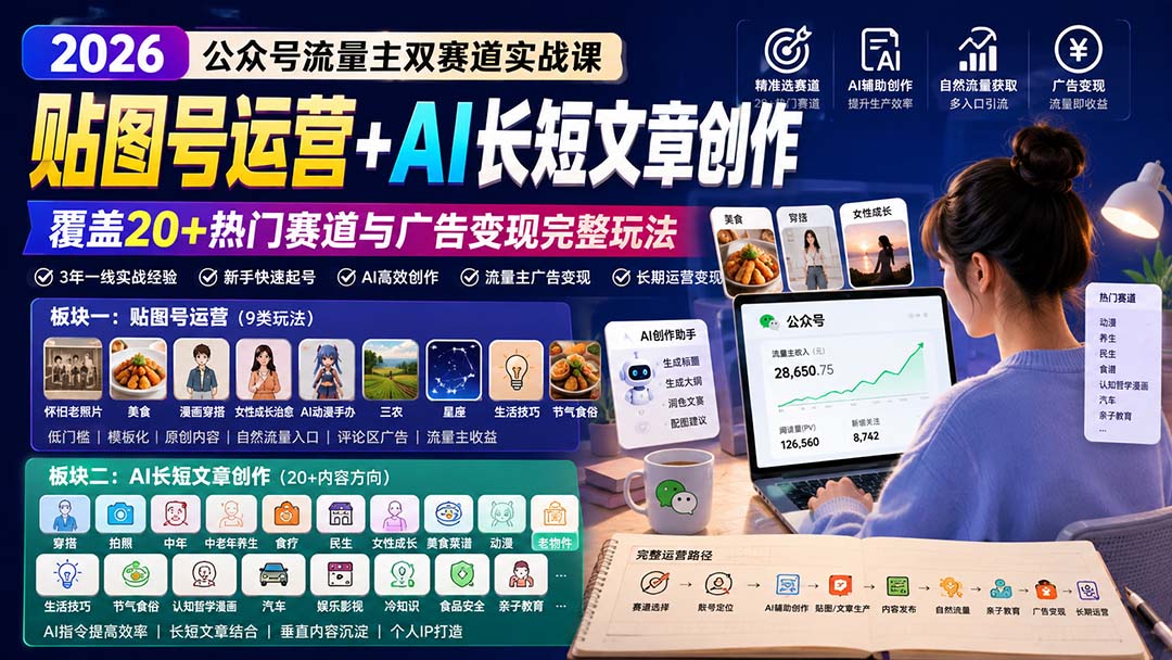 公众号流量主双赛道实战课：贴图号运营+AI长短文章创作，覆盖20+热门赛道与广告变现完整玩法-聊项目