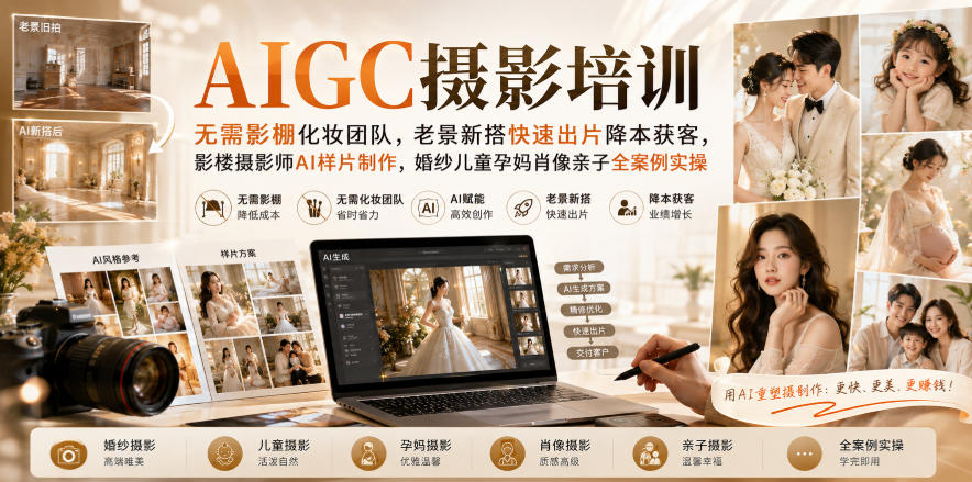 AIGC摄影培训|无需影棚化妆团队,老景新搭快速出片降本获客,影楼摄影师AI样片制作,婚纱儿童孕妈肖像亲子全案例实操-聊项目