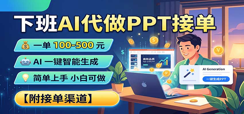 下班AI代做PPT接单，一单100-500，AI一键生成，小白也能做，附接单渠道-聊项目