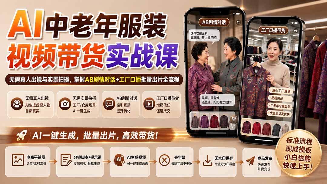 AI中老年服装视频带货实战课:无需真人出镜与实景拍摄,掌握AB剧情对话+工厂口播批量出片全流程-聊项目