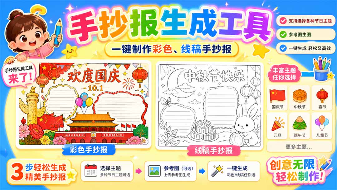 手抄报批量生成工具来了，完全免费，告别豆包生图，这个高清无水印-聊项目