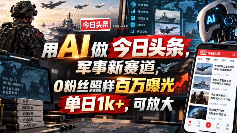 用AI做今日头条，军事新赛道，0粉丝照样百万曝光，单日1k+，可放大-聊项目