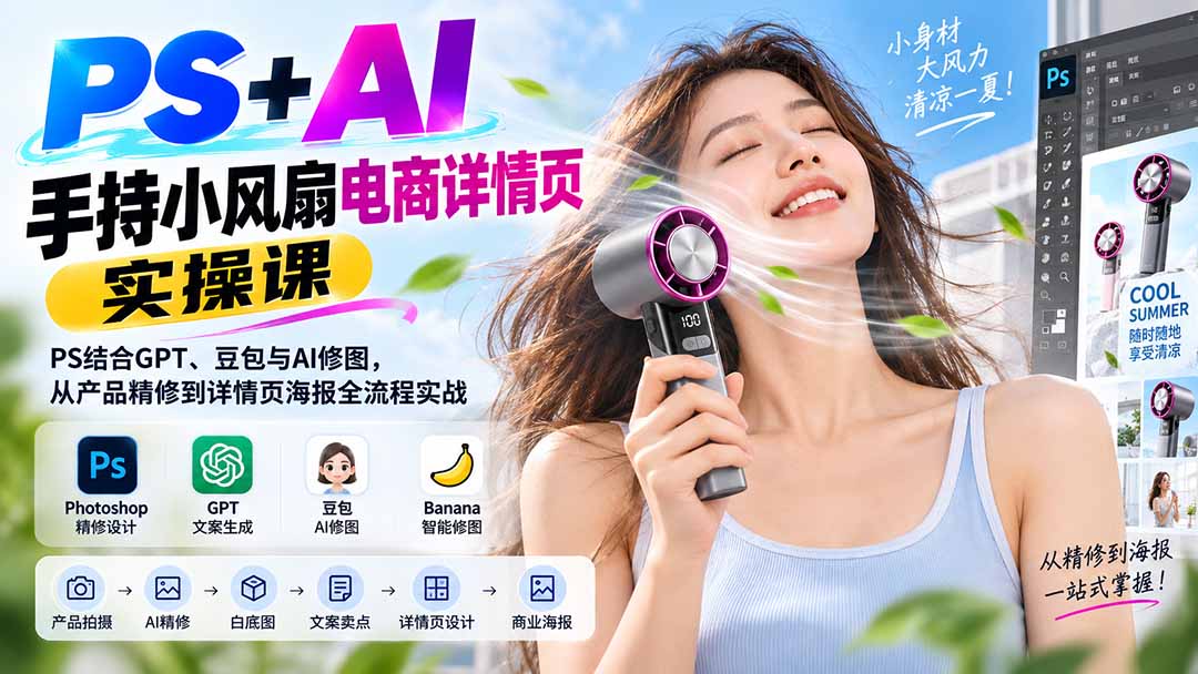 PS+AI手持小风扇电商详情页实操课：PS结合GPT、豆包与AI修图，从产品精修到详情页海报全流程实战-聊项目