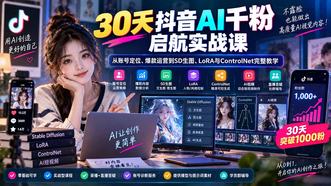 30天抖音AI千粉启航实战课：从账号定位、爆款运营到SD生图、LoRA与ControlNet完整教学-聊项目
