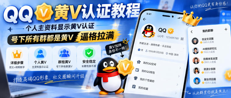 QQ黄V认证教程，个人主资料显示黄V认证，号下所有群都是黄V，逼格拉满-聊项目