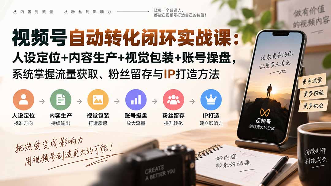 视频号自动转化闭环实战课：人设定位+内容生产+视觉包装+账号操盘，系统掌握流量获取、粉丝留存与IP打造方法-聊项目