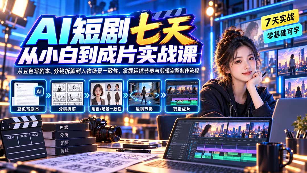 AI短剧七天从小白到成片实战课：从豆包写剧本、分镜拆解到人物场景一致性，掌握运镜节奏与剪辑完整制作流程-聊项目