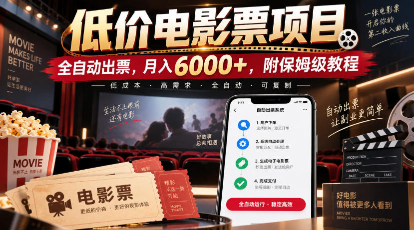 低价电影票项目，全自动出票，月入6000+，附保姆级教程【揭秘】-聊项目