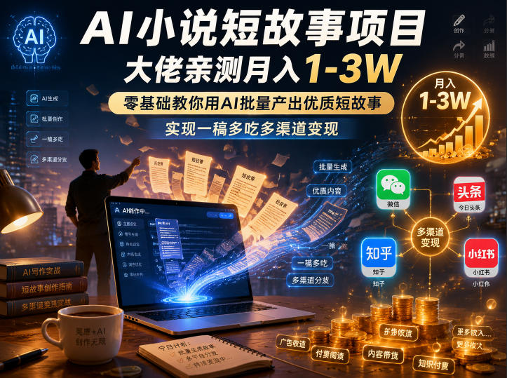 AI小说短故事项目，大佬亲测月入1-3W，零基础教你用AI批量产出优质短故事，实现一稿多吃多渠道变现(更新0910)-聊项目