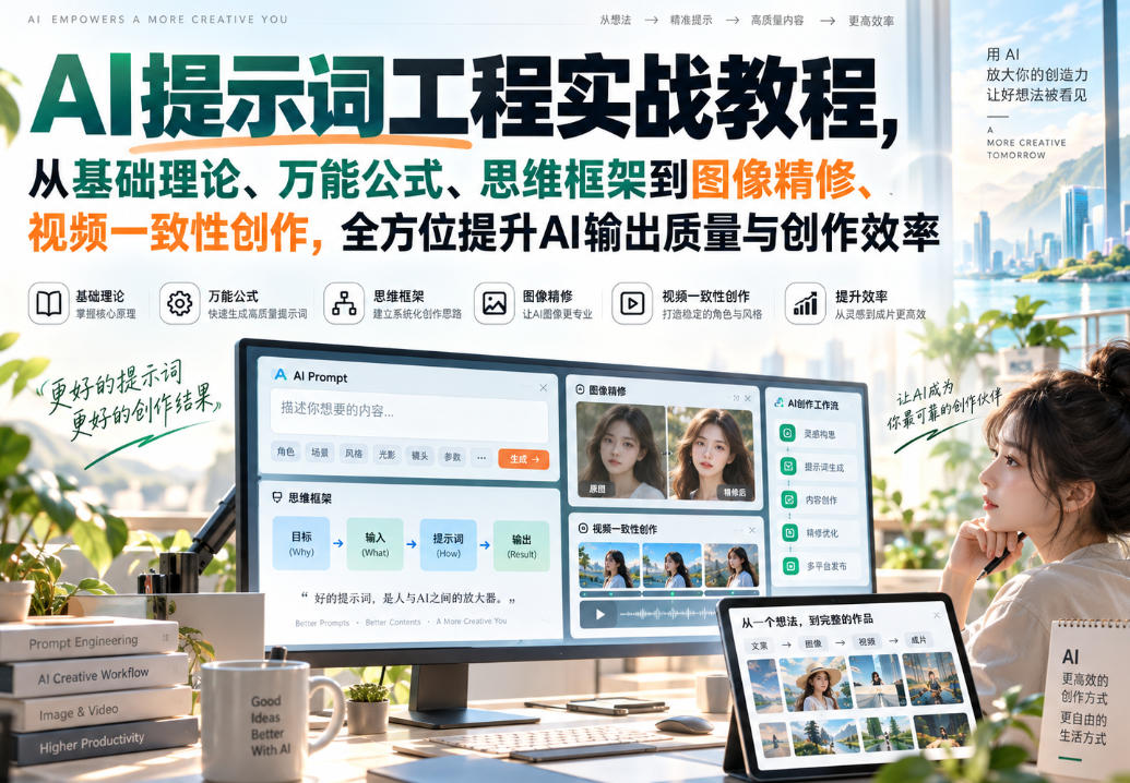 AI提示词工程实战教程，从基础理论、万能公式、思维框架到图像精修、视频一致性创作，全方位提升AI输出质量与创作效率-聊项目