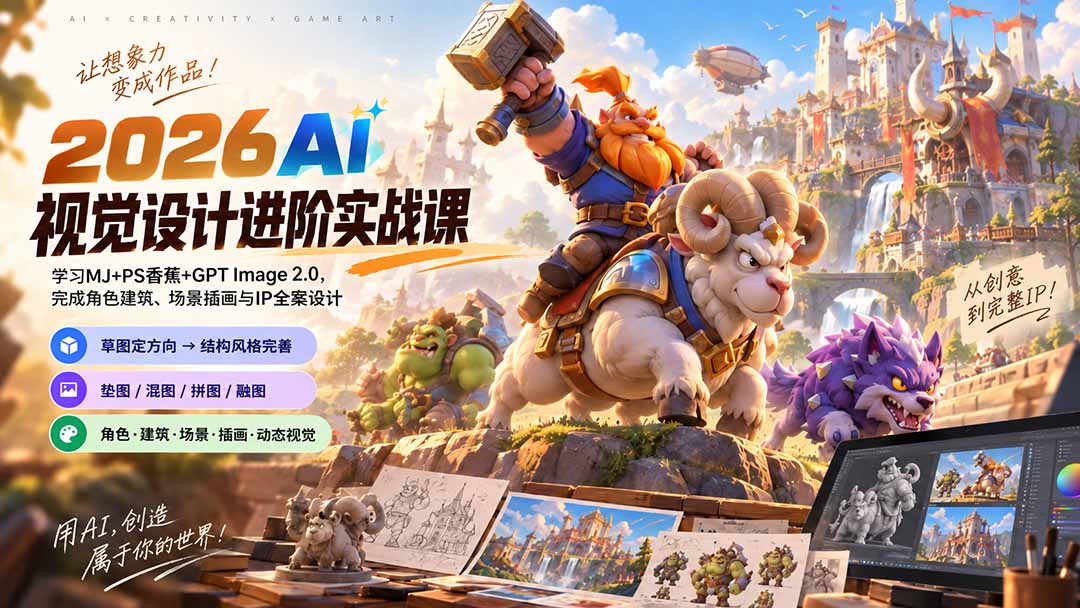 2026AI视觉设计进阶实战课-更新：学习MJ+PS香蕉+GPT Image 2.0，完成角色建筑、场景插画与IP全案设计-聊项目