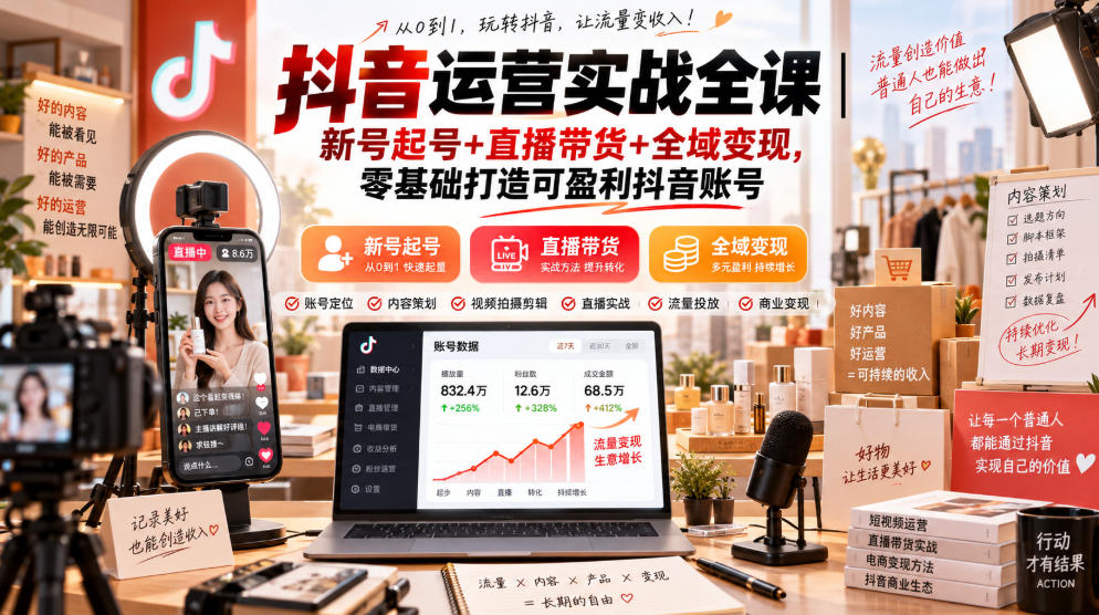 抖音运营实战全课|新号起号+直播带货+全域变现,零基础打造可盈利抖音账号-聊项目