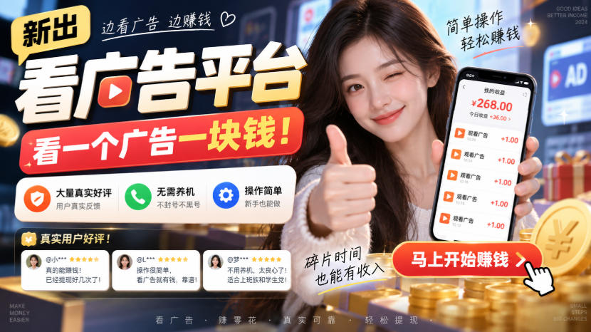 新出看广告平台，看一个广告一块钱，大量真实好评！无需养机、不会黑号，操作简单【揭秘】-聊项目