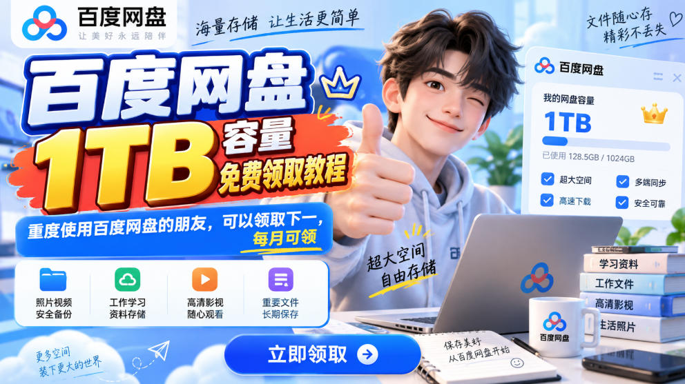 百度网盘1TB容量免费领取教程，重度使用百度网盘的朋友，可以领取下一，每月可领-聊项目