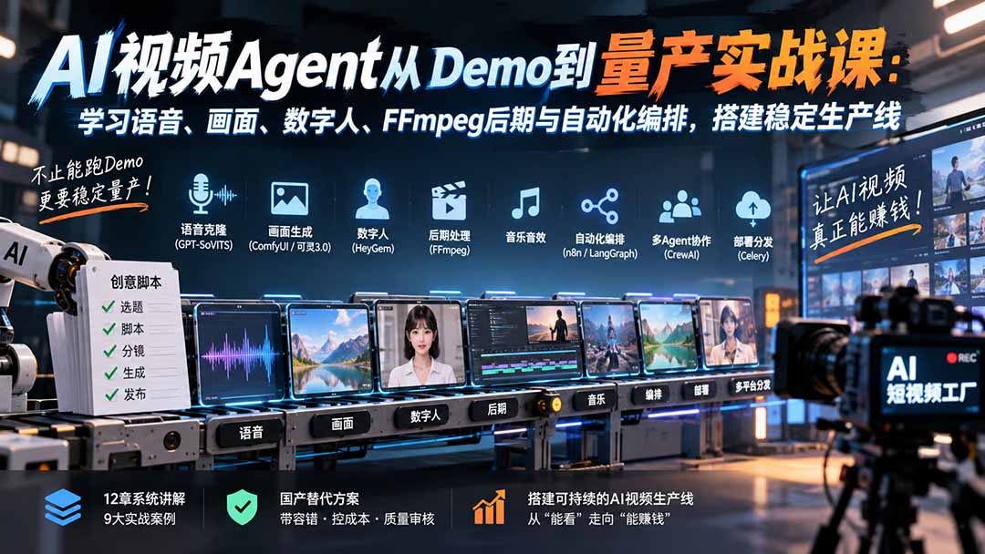 AI视频Agent从Demo到量产实战课：学习语音、画面、数字人、FFmpeg后期与自动化编排，搭建稳定生产线-聊项目