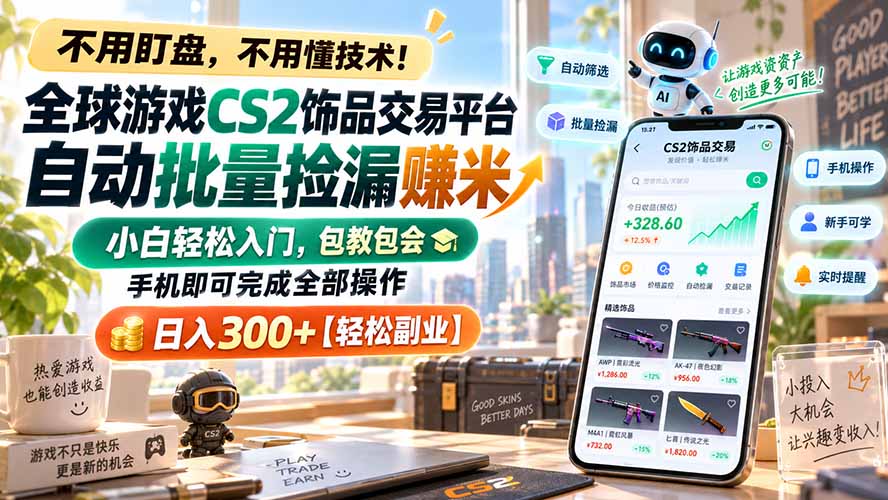 全球游戏CS2饰品交易平台自动批量捡漏赚米，小白轻松入门，包教包会，手机即可完成全部操作，日入300+【轻松副业】-聊项目
