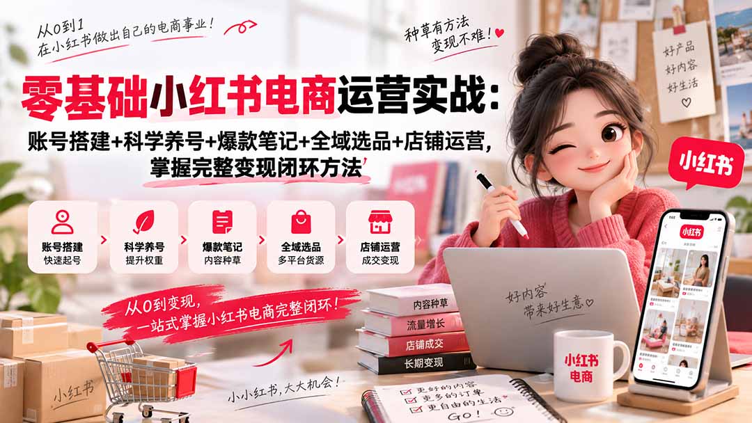 零基础小红书电商运营实战:账号搭建+科学养号+爆款笔记+全域选品+店铺运营,掌握完整变现闭环方法-聊项目