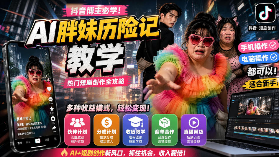 抖音博主的AI胖妹历险记教学，伙伴计划+分成计划+收徒+商单等多种收益，适合新手，手机电脑都可以操作-聊项目