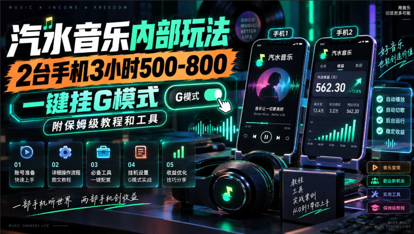 汽水音乐内部玩法，2台手机3小时500-800，一键挂G模式，附保姆级教程和工具【揭秘】-聊项目