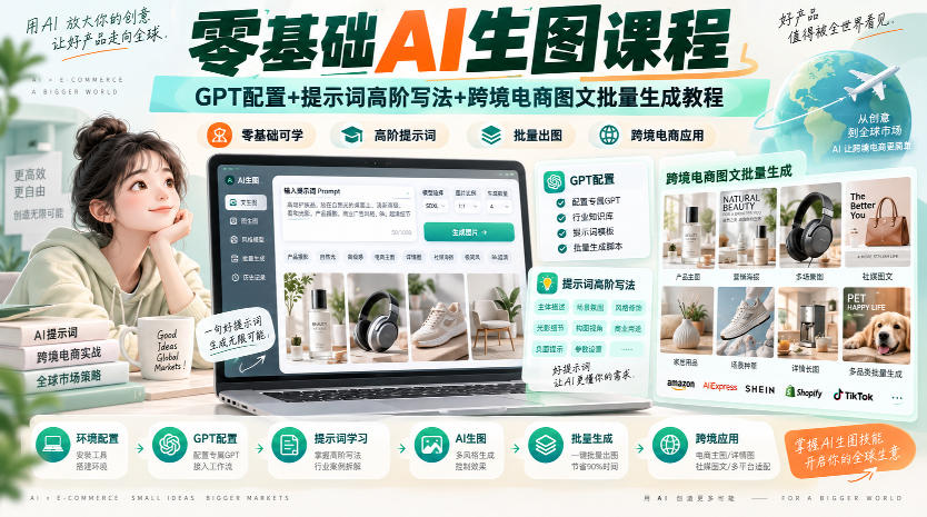 零基础AI生图课程,GPT配置+提示词高阶写法+跨境电商图文批量生成教程-聊项目