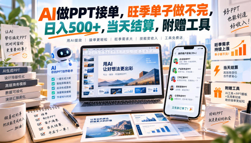 AI做PPT接单，旺季单子做不完，日入500+，当天结算，附赠工具【揭秘】-聊项目