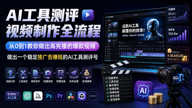 AI工具测评视频制作全流程，从0到1教你做出高完播的爆款视频，做出一个稳定接广告賺钱的AI工具测评号-聊项目