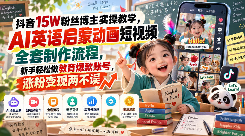 抖音15W粉丝博主实操教学，AI英语启蒙动画短视频全套制作流程，新手轻松做教育爆款账号，涨粉变现两不误-聊项目