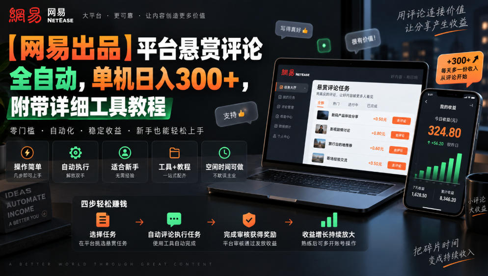 【网易出品】平台悬赏评论全自动，单机日入300+，附带详细工具教程【揭秘】-聊项目