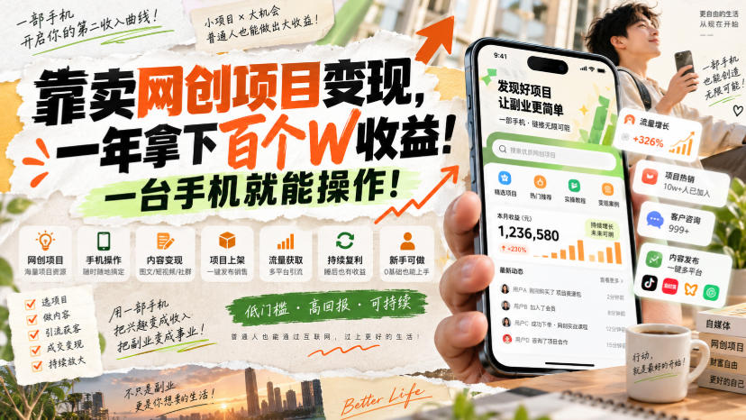 网创小程序虚拟资料变现，一年拿下百万收益，一部手机就可以做，0成本变现副业！-聊项目
